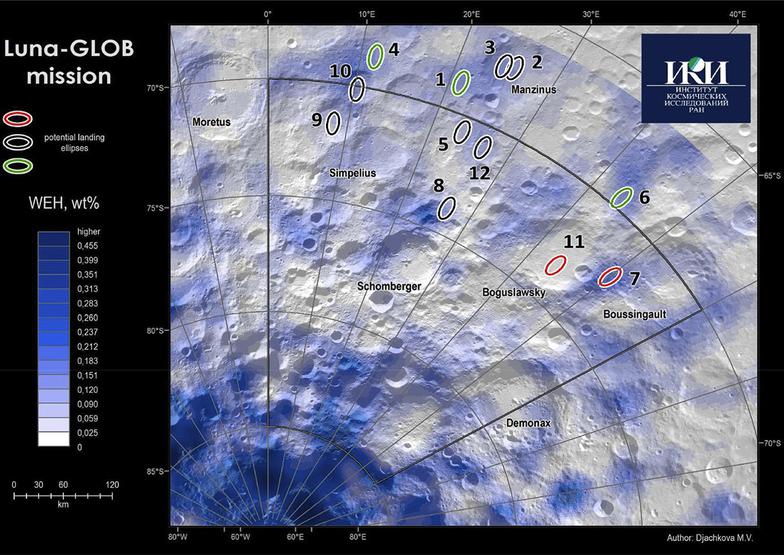 Possible landing ellipses of the Luna-Glob mission (technological demonstrator). The Luna-Resurs mission is expected to land in a similar area (Tretiyakov, 2017). Blue highlighted show aeas with water equivalent hydrogen (WEH) content in the regolith in weight-percent (wt%).